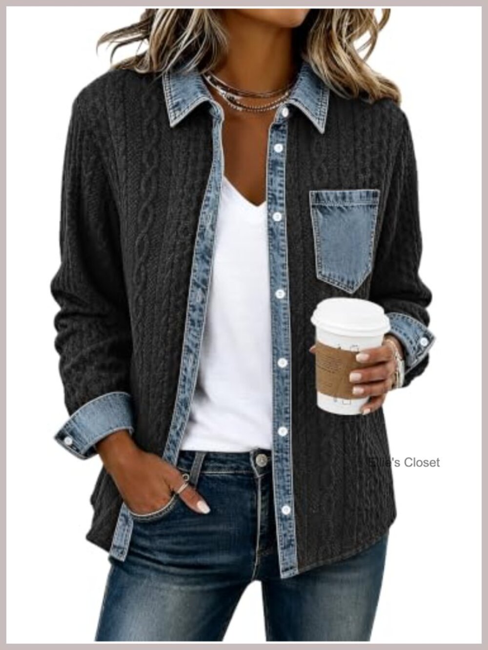 Denim Patchwork Button Down Shacket Loose Fit Casual Jacket